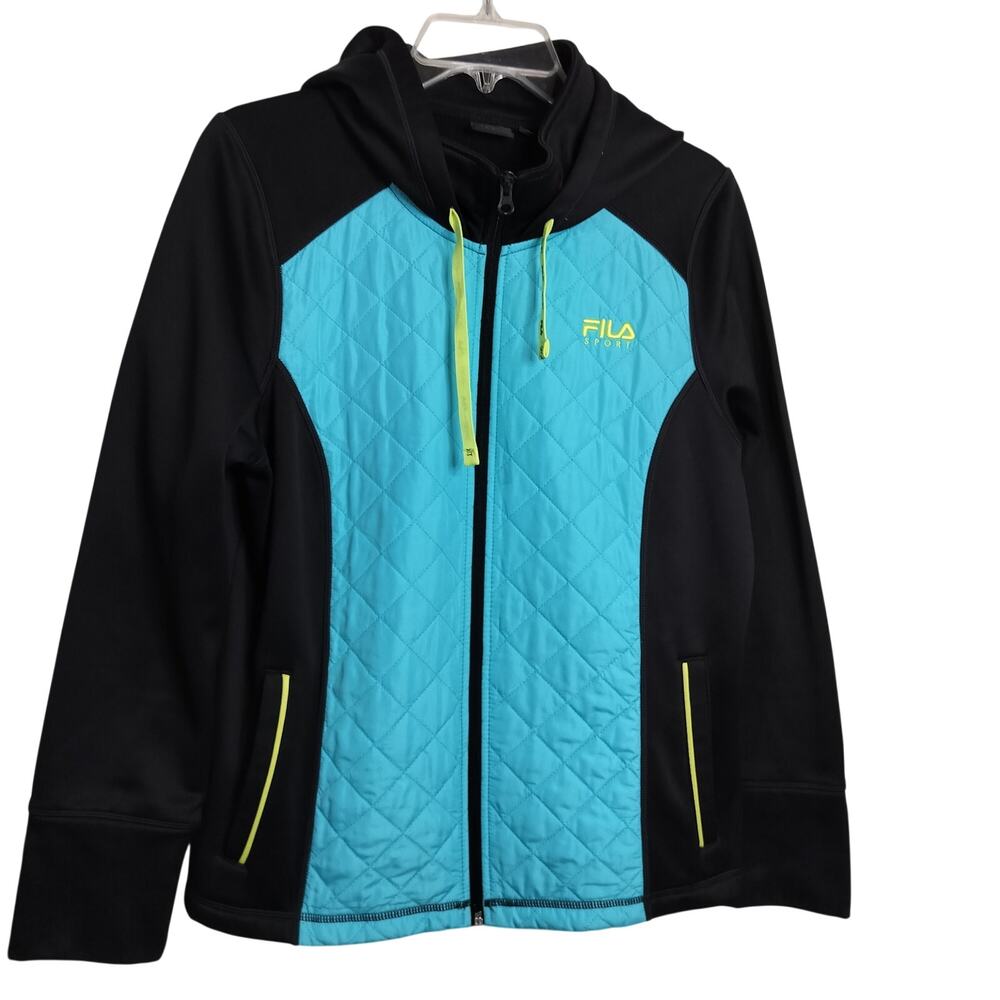 5033) Fila Sport Women Black Turquoise Zip Up Quilted with Hood Jacket Large